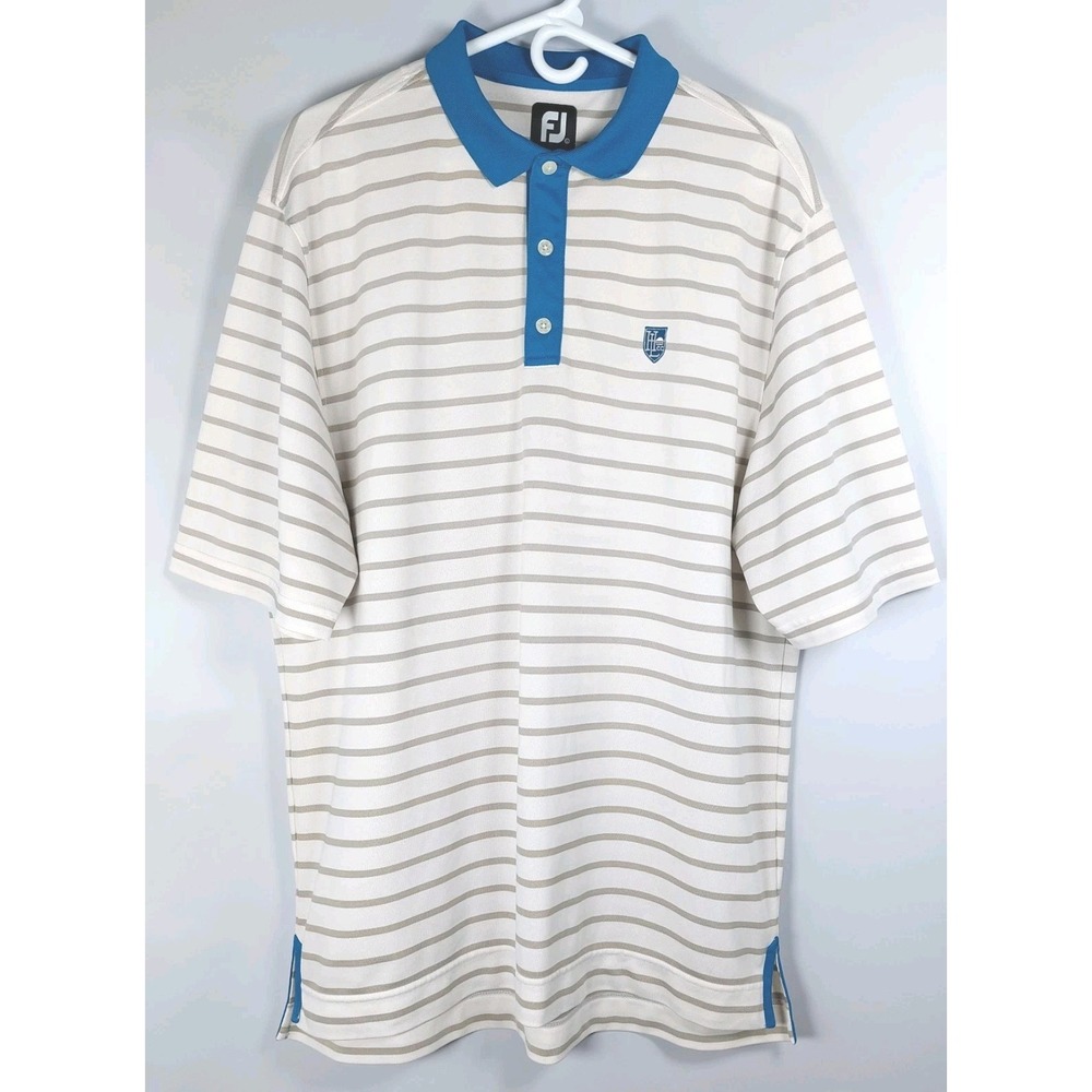 Foot Joy Golf Mens L Shirt Pro Dry Pique White Gray Striped Teal Trim Polo
